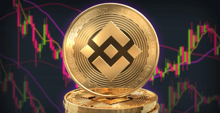Binance coins stacked in a pile in front of a trading chart