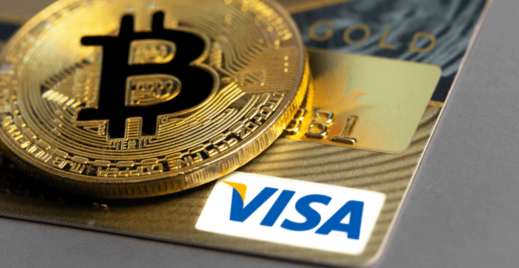 Image of a Bitcoin on a Visa credit card