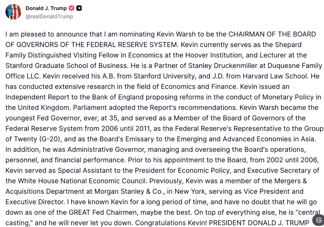 Trump announces he has picked Kevin Warsh for Fed Chair